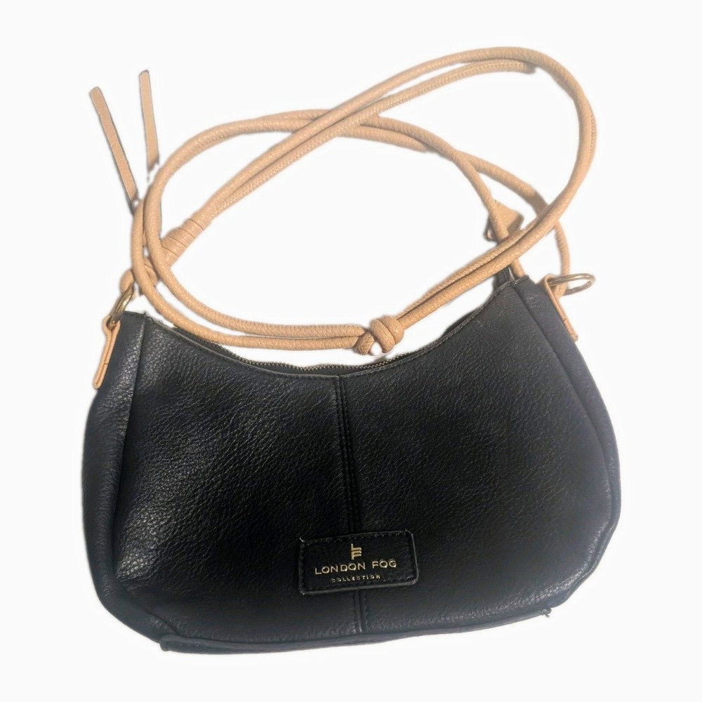 London Fog Collection Black Pebbled Crossbody Bag Tan Strap Gold Hardware